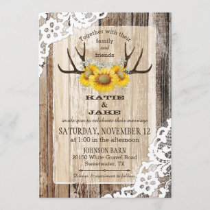 Boho Wood Sunflower Antlers Rustic Wedding Invitation