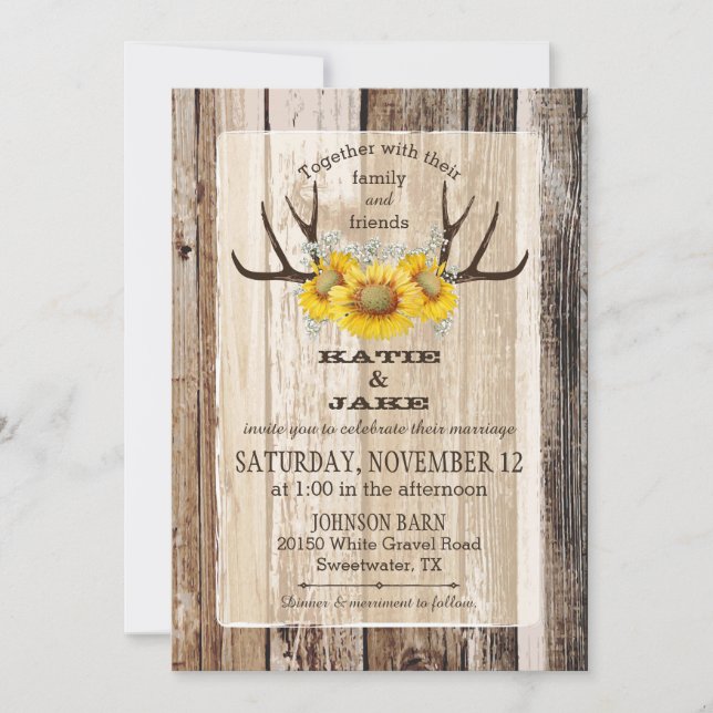 Boho Wood Sunflower Antlers Rustic Wedding Invitation (Front)