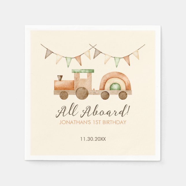 Boho Wood Train Transport Kids Birthday Napkin (Front)
