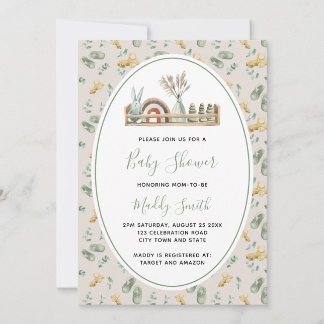 Boho Wooden Toys Green Rainbow Baby Shower Invitation (Front)