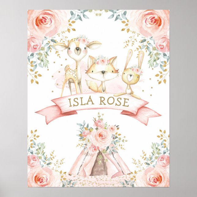 Boho Woodland Animal Blush Floral Monogram Nursery Poster (Front)