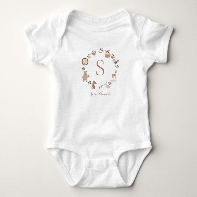 Boho Woodland Animal Wreath Personalised Baby Name Bodysuit (Front)