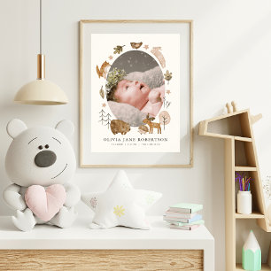 Boho Woodland Animals Baby Stats Photo Nursery Art Poster