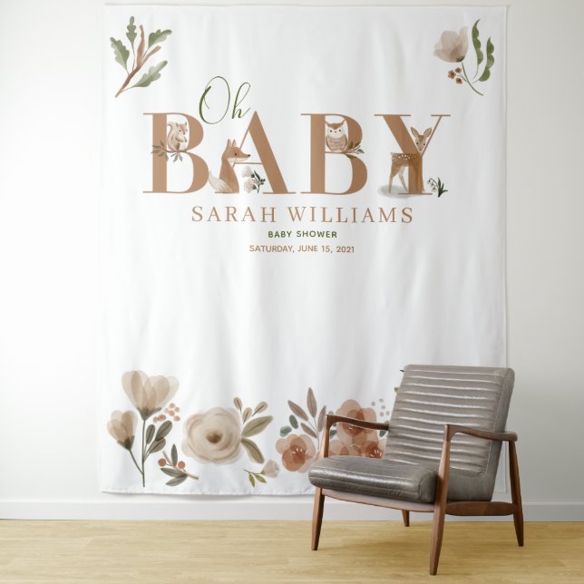 Boho Woodland Animals Brown Oh Baby Shower Photo Tapestry (In Situ)
