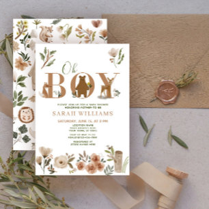 Boho Woodland Animals Brown Oh Boy Baby Shower Invitation
