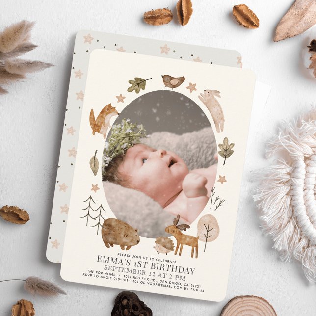 Boho Woodland Animals Gender-Neutral 1st Birthday Invitation (Creator Uploaded)