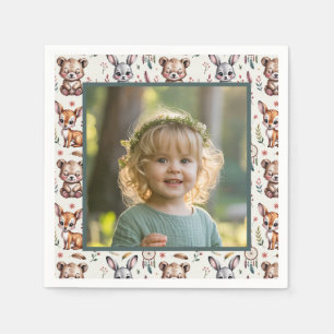 Boho Woodland Animals Kids Birthday Photo Napkin
