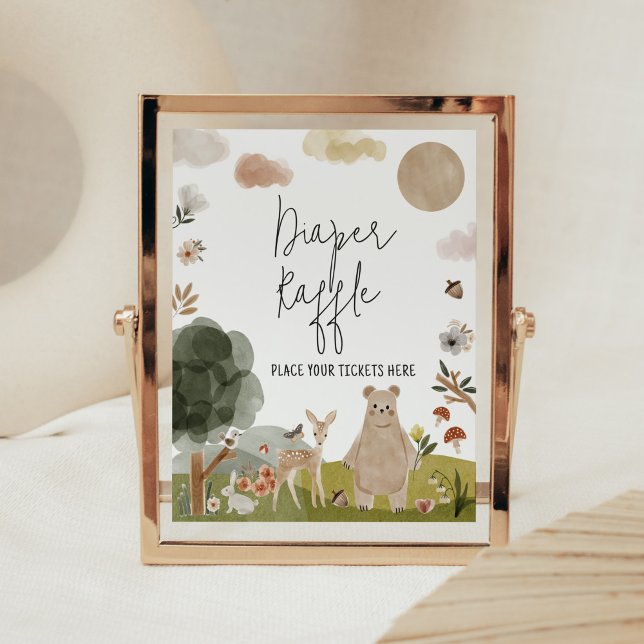 Boho Woodland Baby Shower Diaper Raffle Poster (Boho Woodland Animals Baby Shower Diaper Raffle Sign)