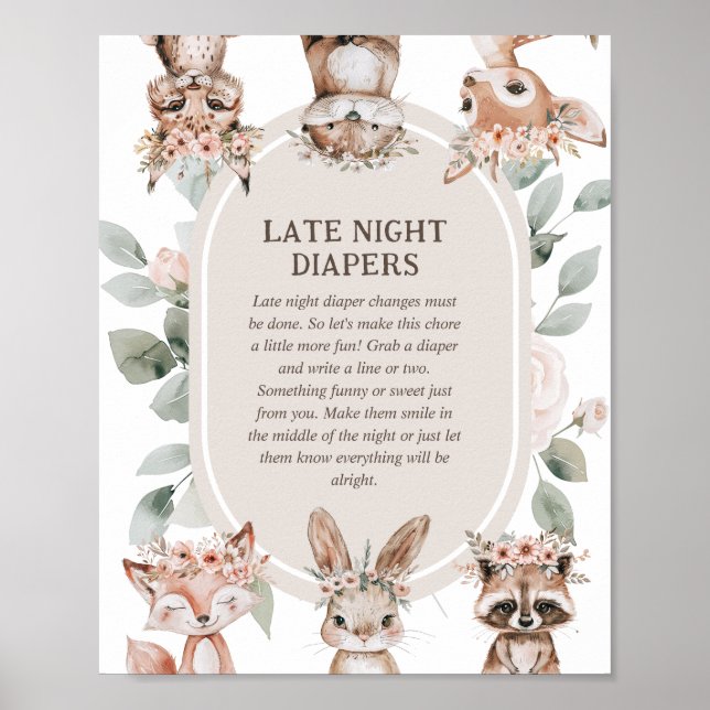 Boho Woodland Baby Shower 'Late Night Diaper' Poster (Front)