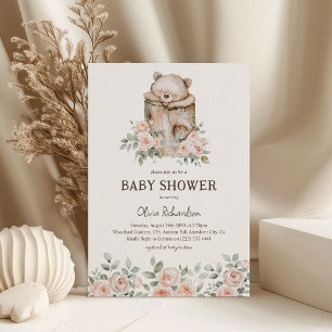 Boho Woodland Bear & Floral Baby Shower Invitation