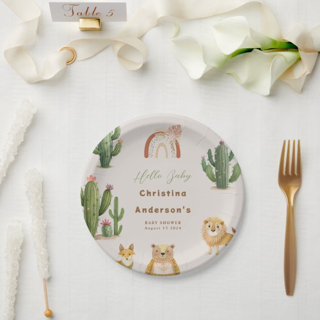 Boho Woodland Bear Lion Fox Cactus Baby Shower Paper Plate (Wedding)