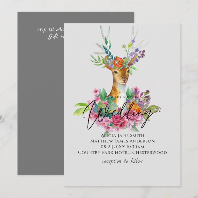 Boho Woodland Deer Floral Budget Wedding Invites (Front/Back)