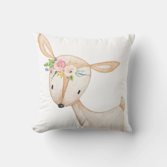 Boho Woodland Deer Watercolor Baby Nursery Pillow (Front)