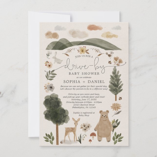 Boho Woodland Drive-By Baby Shower Invitation Card (Front)