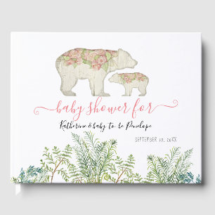 Boho Woodland Floral Bear Fern Foliage Baby Girl Guest Book