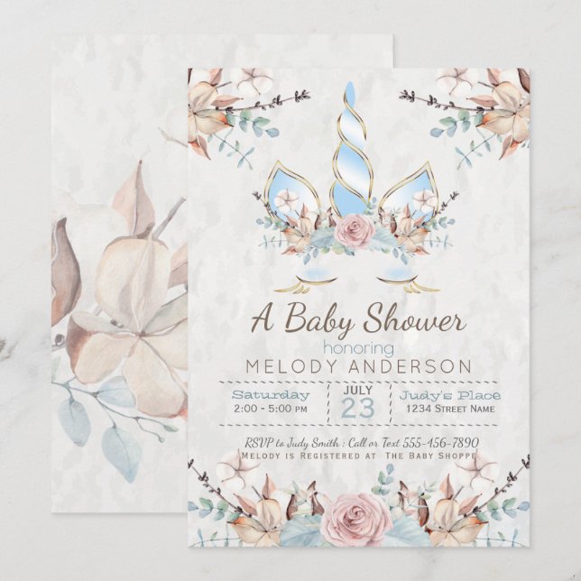 BOHO Woodland Floral  Unicorn Baby Shower Blue Invitation (Front/Back)