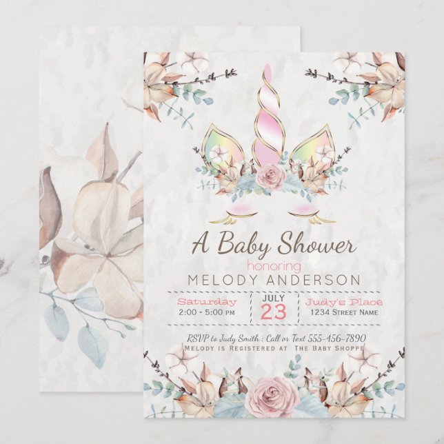 BOHO Woodland Floral Unicorn Baby Shower Pink Invitation (Front/Back)