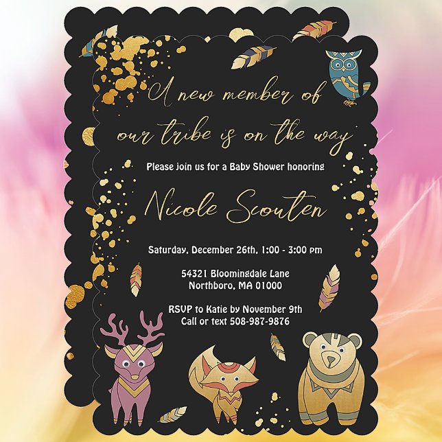 Boho Woodland Forest Animals Metallic Baby Shower Invitation (Stunning Boho A New Member of our Tribe is on the Way Baby Shower Invite to Delight )