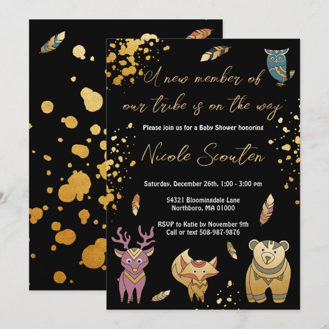 Boho Woodland Forest Animals Metallic Baby Shower Invitation (Front/Back)