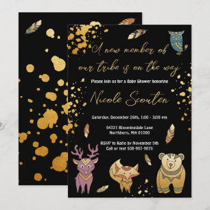 Boho Woodland Forest Animals Metallic Baby Shower Invitation
