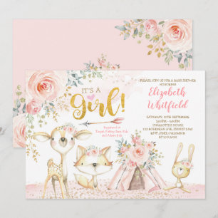 Boho Woodland Forest Pink Gold Floral Baby Shower Invitation