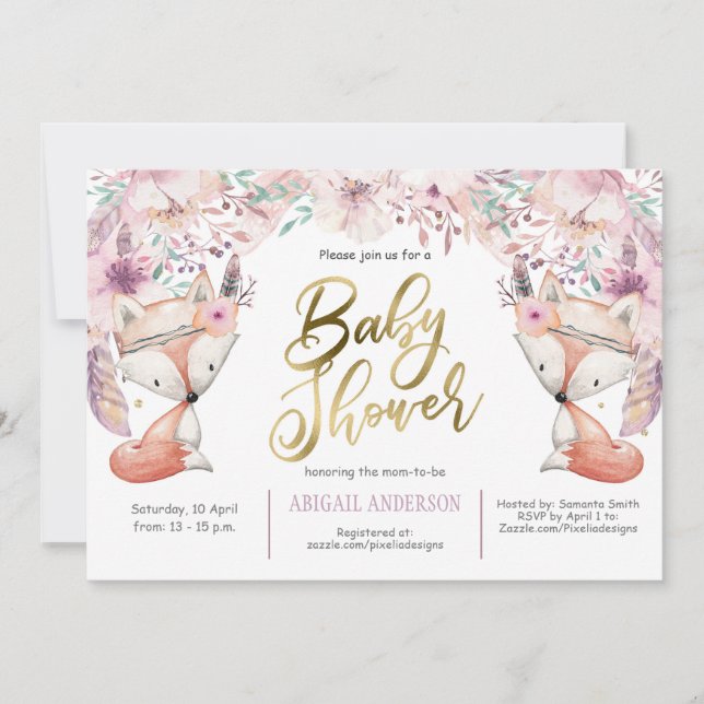 Boho, Woodland Fox, Floral, Baby Girl Shower Invitation (Front)