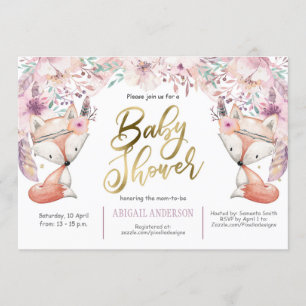 Boho, Woodland Fox, Floral, Baby Girl Shower Invitation