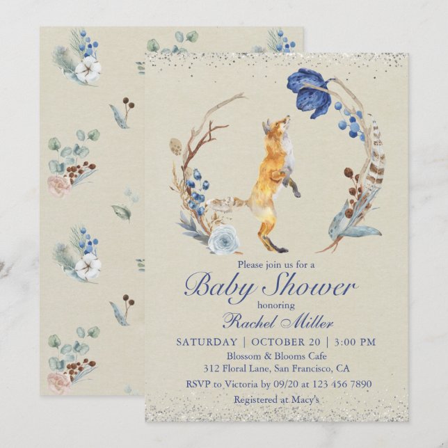Boho Woodland Fox Watercolor Glitter Baby Shower Invitation (Front/Back)