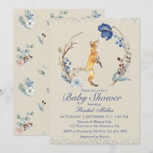 Boho Woodland Fox Watercolor Glitter Baby Shower Invitation