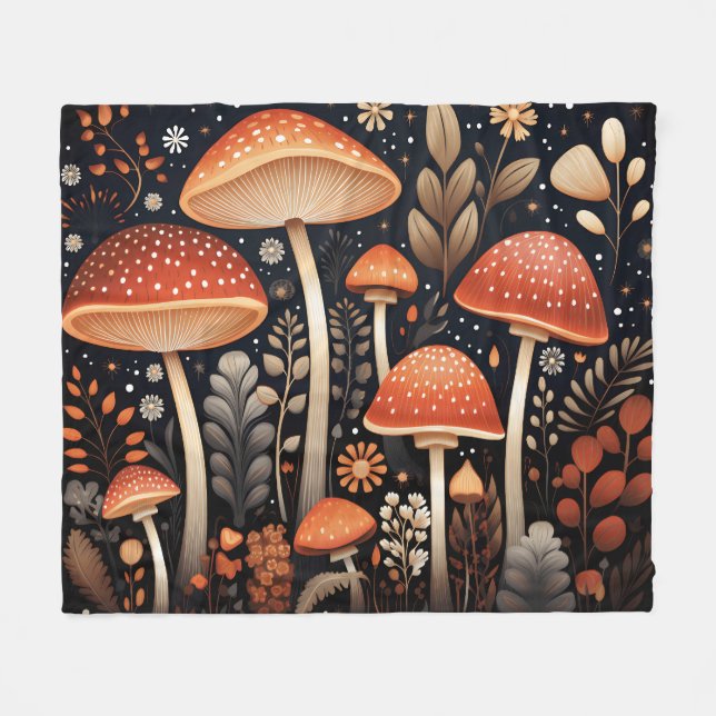 Boho Woodland mushroom pattern Fleece Blanket (Front (Horizontal))