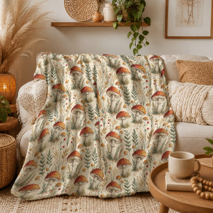 Boho Woodland Mushroom Pattern Fleece Blanket