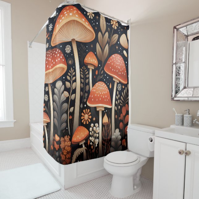 Boho Woodland mushroom pattern Shower Curtain (In Situ)
