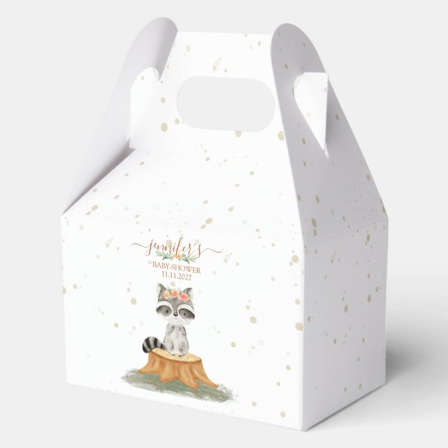 Boho Woodland Raccoon Baby Shower Floral Script Favour Box (Front)
