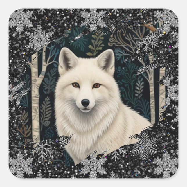 Boho woodland white fox sparkling snowflakes square sticker (Front)