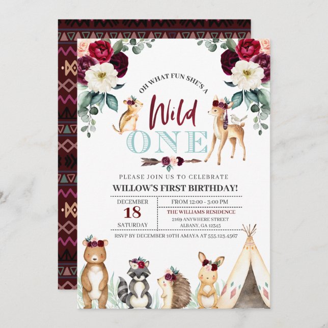 Boho Woodland Wild One First Birthday Invitation (Front/Back)