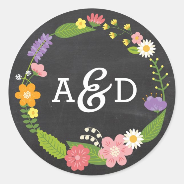 Boho Woodland Wreath on Chalkboard Wedding Classic Round Sticker (Front)
