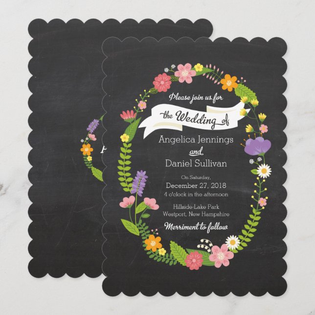 Boho Woodland Wreath on Chalkboard Wedding Invitation (Front/Back)