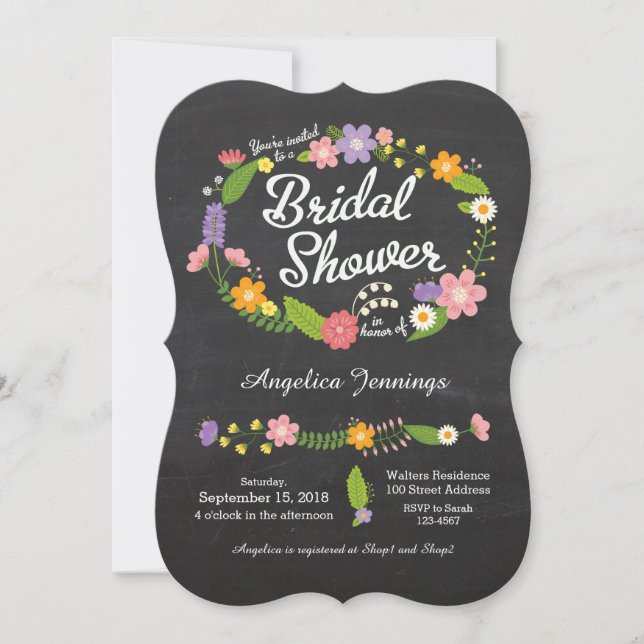 Boho Woodland Wreath on Chalkboard Wedding Invitation (Front)