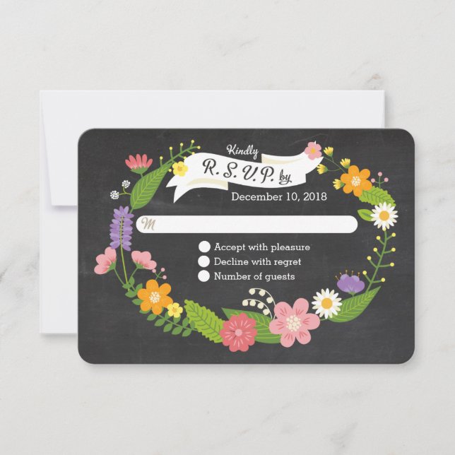 Boho Woodland Wreath on Chalkboard Wedding RSVP Card (Front)