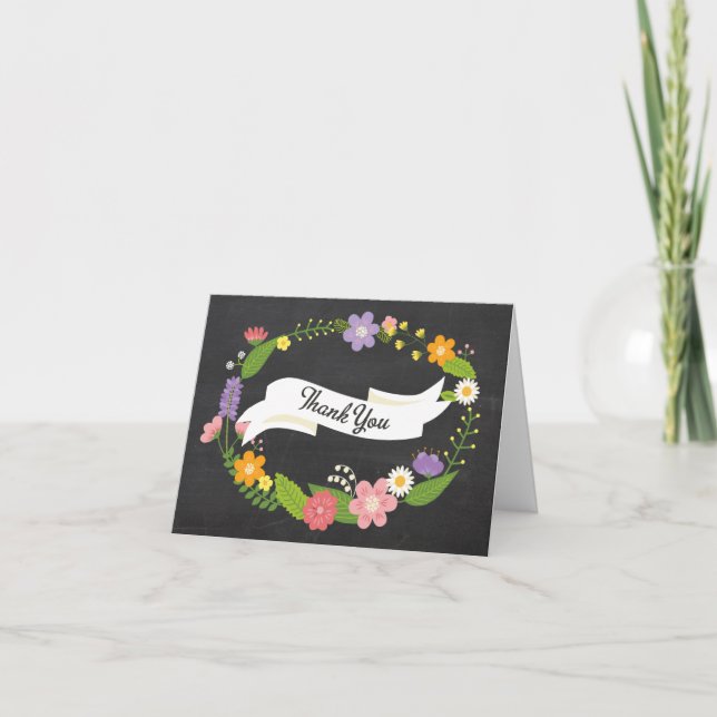 Boho Woodland Wreath on Chalkboard Wedding Thank You Card (Front)