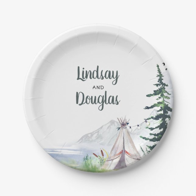 Boho Woodsy Mountains Adventure Wedding Paper Plate (Front)