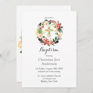 Boho Wreath Gold Cross Baptism Invitation