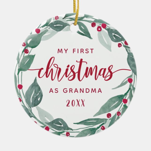 Boho Wreath Grandma First Christmas Photo Ceramic Tree Decoration (Front)