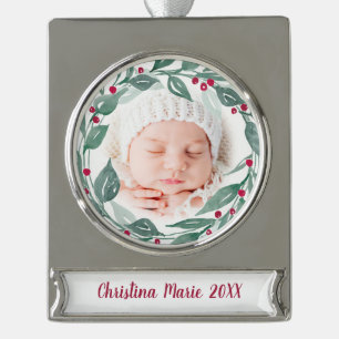 Boho Wreath Grandparents First Christmas Photo Silver Plated Banner Ornament