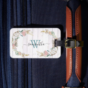 Boho Wreath Monogram Gift Floral Watercolor Luggage Tag