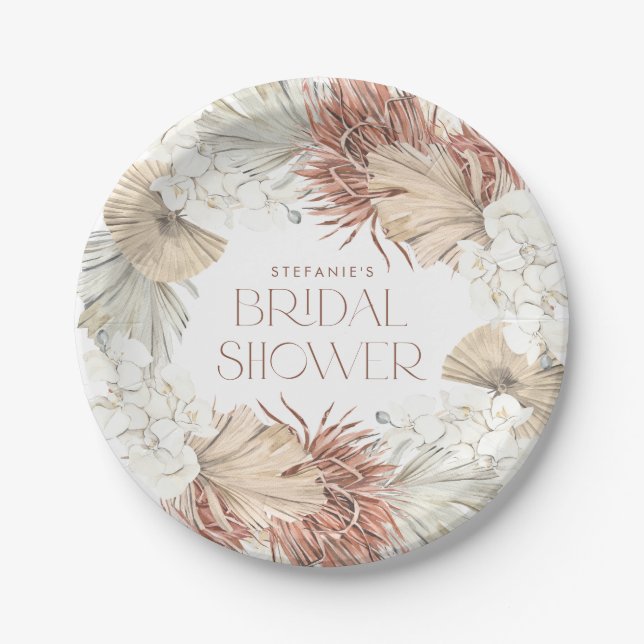 Boho Wreath Palm Leaves and Orchids Bridal Shower Paper Plate (Front)