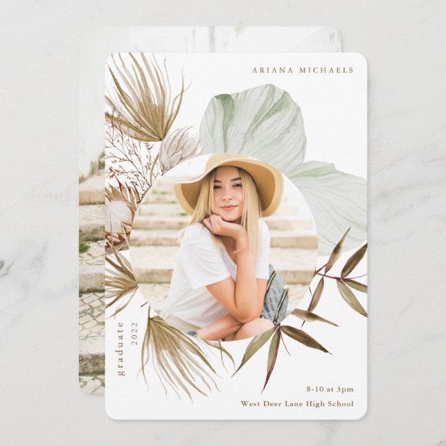 Boho Wreath Two Photo Graduation Announcement (Front/Back)