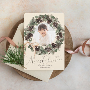 Boho Wreath with Bow Photo Christmas Holiday Card