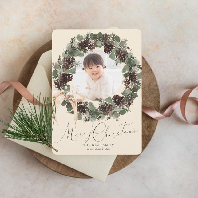 Boho Wreath with Bow Photo Christmas Holiday Card (Creator Uploaded)