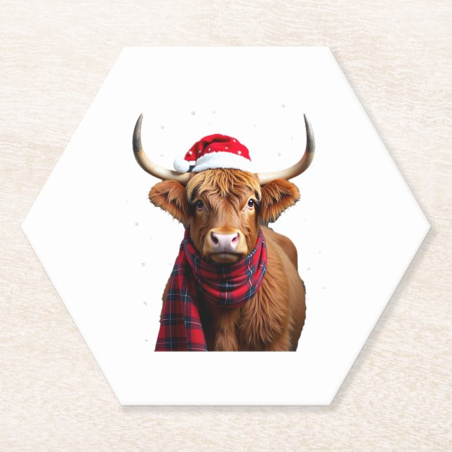 Boho Xmas Christmas Highland Cow T-Shirt (1) Paper Coaster (Front)